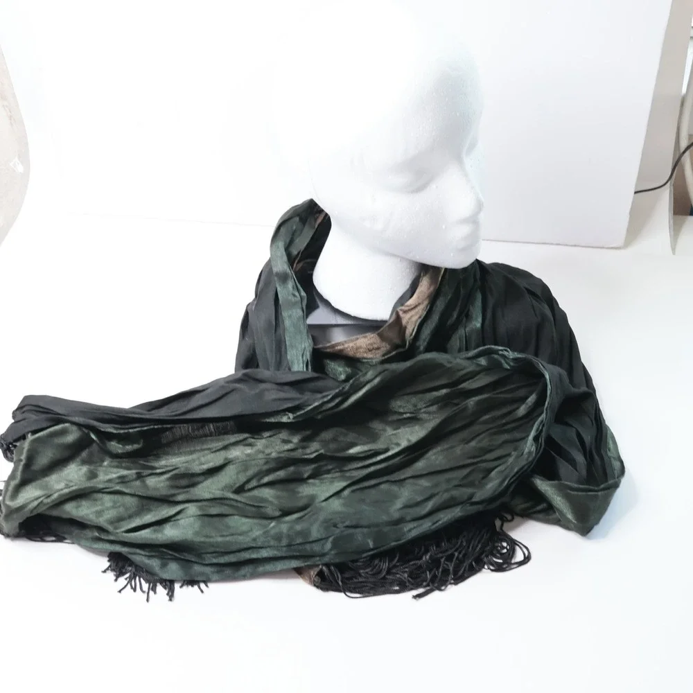 Vintage Dark Green Bronze Iridescent Crinkle Fringe Long Wrap Scarf Shawl 80in